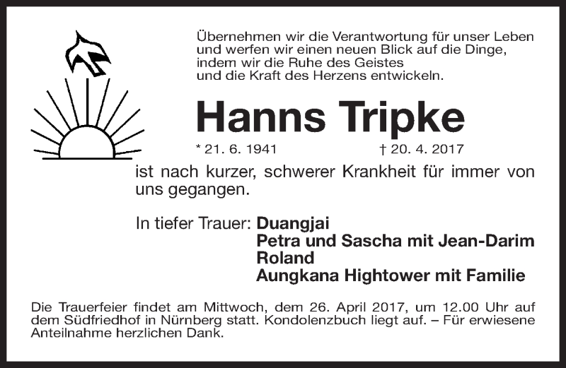  Traueranzeige für Hanns Tripke vom 22.04.2017 aus Gesamtausgabe Nürnberger Nachrichten/ Nürnberger Ztg.
