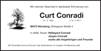 Traueranzeige von Curt Conradi von Gesamtausgabe Nürnberger Nachrichten/ Nürnberger Ztg.