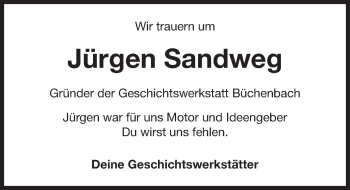 Traueranzeige von Jürgen Sandweg von Erlanger Nachrichten Lokal