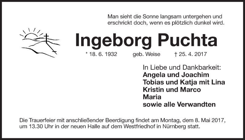  Traueranzeige für Ingeborg Puchta vom 03.05.2017 aus Gesamtausgabe Nürnberger Nachrichten/ Nürnberger Ztg.