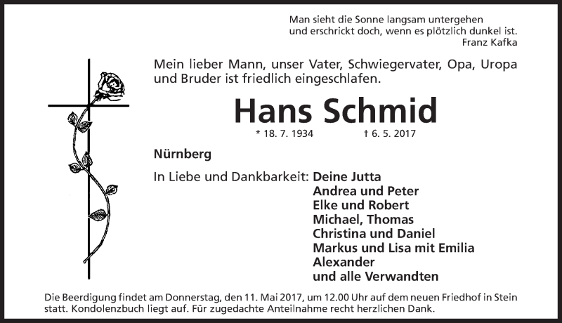 Traueranzeige für Hans Schmid vom 09.05.2017 aus Gesamtausgabe Nürnberger Nachrichten/ Nürnberger Ztg.