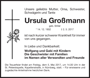 Traueranzeige von Ursula Großmann von Gesamtausgabe Nürnberger Nachrichten/ Nürnberger Ztg.