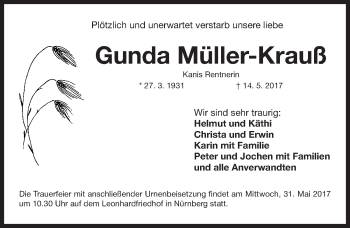 Traueranzeige von Gunda Müller-Krauß von Gesamtausgabe Nürnberger Nachrichten/ Nürnberger Ztg.