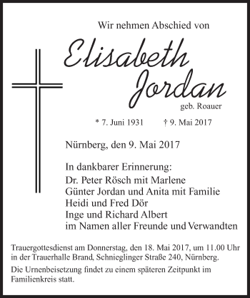 Traueranzeige von Elisabeth Jordan von Gesamtausgabe Nürnberger Nachrichten/ Nürnberger Ztg.
