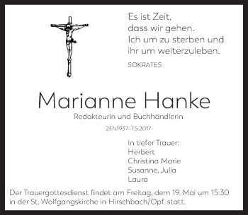 Traueranzeige von Marianne Hanke von Gesamtausgabe Nürnberger Nachrichten/ Nürnberger Ztg.