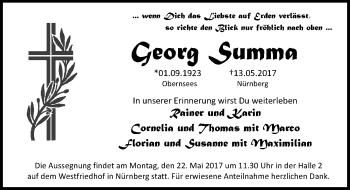 Traueranzeige von Georg Summa von Gesamtausgabe Nürnberger Nachrichten/ Nürnberger Ztg.