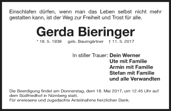Traueranzeige von Gerda Bieringer von Gesamtausgabe Nürnberger Nachrichten/ Nürnberger Ztg.