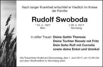 Traueranzeige von Rudolf Swoboda von Gesamtausgabe Nürnberger Nachrichten/ Nürnberger Ztg.