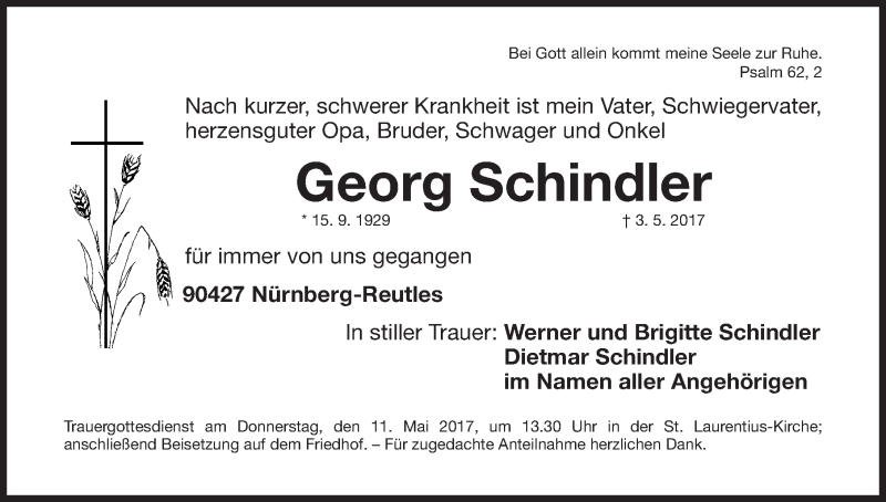  Traueranzeige für Georg Schindler vom 08.05.2017 aus Gesamtausgabe Nürnberger Nachrichten/ Nürnberger Ztg.