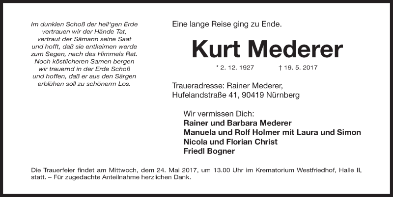  Traueranzeige für Kurt Mederer vom 22.05.2017 aus Gesamtausgabe Nürnberger Nachrichten/ Nürnberger Ztg.