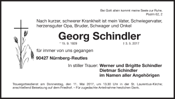 Traueranzeige von Georg Schindler von Gesamtausgabe Nürnberger Nachrichten/ Nürnberger Ztg.