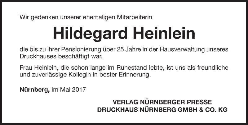  Traueranzeige für Hildegard Heinlein vom 13.05.2017 aus Gesamtausgabe Nürnberger Nachrichten/ Nürnberger Ztg.