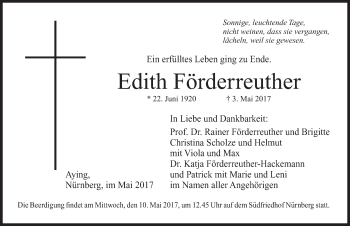 Traueranzeige von Edith Förderreuther von Gesamtausgabe Nürnberger Nachrichten/ Nürnberger Ztg.