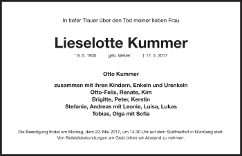 Traueranzeige von Lieselotte Kummer von Gesamtausgabe Nürnberger Nachrichten/ Nürnberger Ztg.