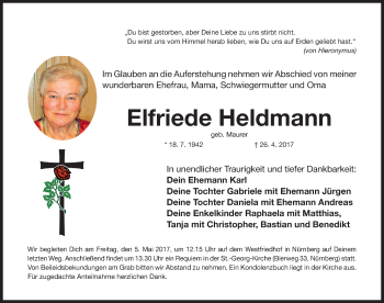 Traueranzeige von Elfriede Heldmann von Gesamtausgabe Nürnberger Nachrichten/ Nürnberger Ztg.