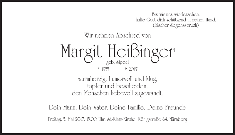  Traueranzeige für Margit Heißinger vom 03.05.2017 aus Gesamtausgabe Nürnberger Nachrichten/ Nürnberger Ztg.