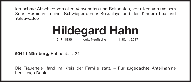  Traueranzeige für Hildegard Hahn vom 08.05.2017 aus Gesamtausgabe Nürnberger Nachrichten/ Nürnberger Ztg.