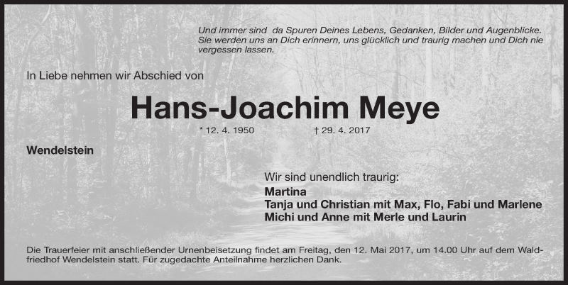  Traueranzeige für Hans-Joachim Meye vom 09.05.2017 aus Gesamtausgabe Nürnberger Nachrichten/ Nürnberger Ztg.