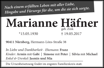 Traueranzeige von Marianne Häfner von Gesamtausgabe Nürnberger Nachrichten/ Nürnberger Ztg.