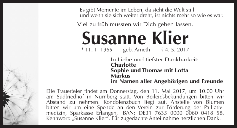  Traueranzeige für Susanne Klier vom 06.05.2017 aus Gesamtausgabe Nürnberger Nachrichten/ Nürnberger Ztg.