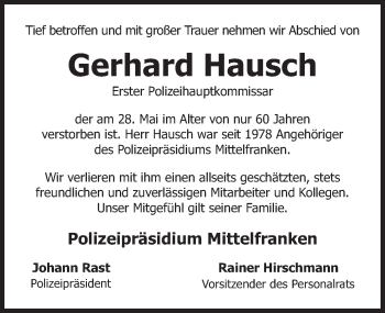 Traueranzeige von Gerhard Hausch von Gesamtausgabe Nürnberger Nachrichten/ Nürnberger Ztg.