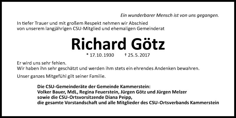  Traueranzeige für Richard Götz vom 29.05.2017 aus Schwabach