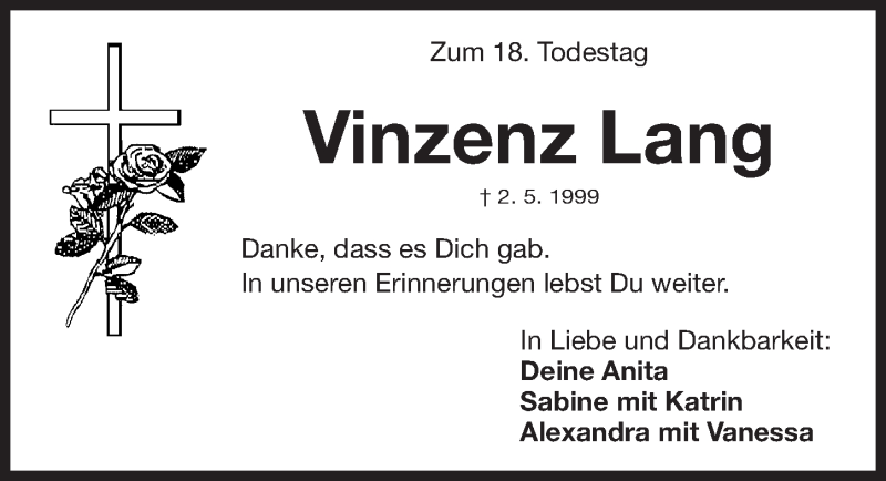  Traueranzeige für Vinzenz Lang vom 02.05.2017 aus Erlanger Nachrichten Lokal