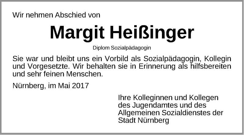  Traueranzeige für Margit Heißinger vom 04.05.2017 aus Gesamtausgabe Nürnberger Nachrichten/ Nürnberger Ztg.