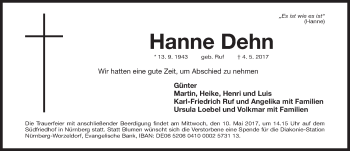 Traueranzeige von Hanne Dehn von Gesamtausgabe Nürnberger Nachrichten/ Nürnberger Ztg.