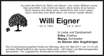 Traueranzeige von Willi Eigner von Gesamtausgabe Nürnberger Nachrichten/ Nürnberger Ztg.