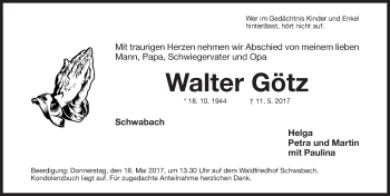 Traueranzeige von Walter Götz von Gesamtausgabe Nürnberger Nachrichten/ Nürnberger Ztg.