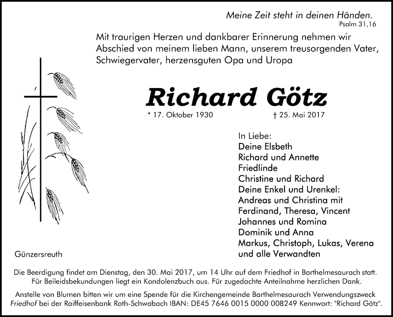  Traueranzeige für Richard Götz vom 27.05.2017 aus Schwabach