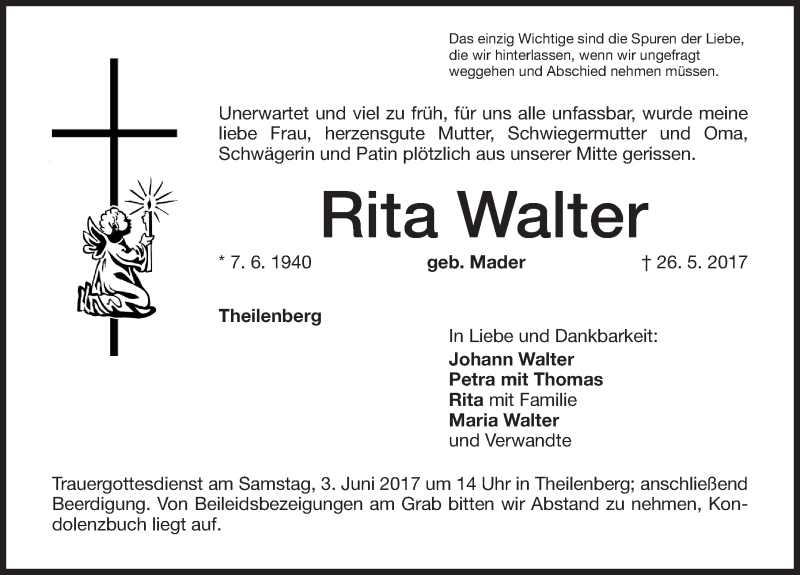  Traueranzeige für Rita Walter vom 31.05.2017 aus Altmühl-Bote Lokal