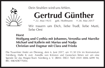 Traueranzeige von Gertrud Günther von Gesamtausgabe Nürnberger Nachrichten/ Nürnberger Ztg.