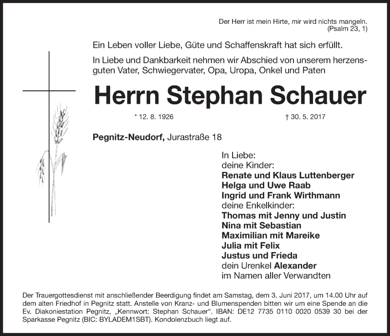  Traueranzeige für Stephan Schauer vom 01.06.2017 aus Nordbayerische Nachrichten Pegnitz Lokal