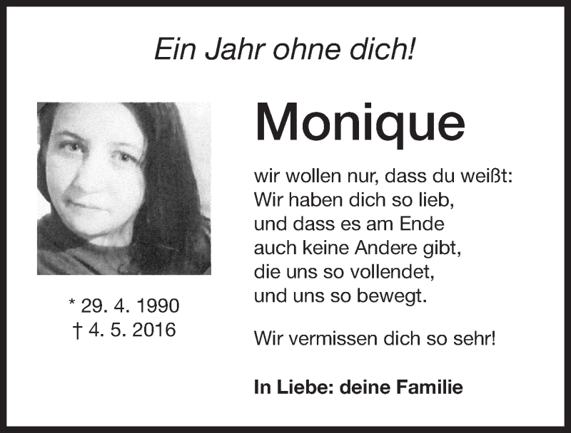  Traueranzeige für Monique Fay vom 04.05.2017 aus Altmühl-Bote Lokal