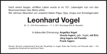 Traueranzeige von Leonhard Vogel von Gesamtausgabe Nürnberger Nachrichten/ Nürnberger Ztg.