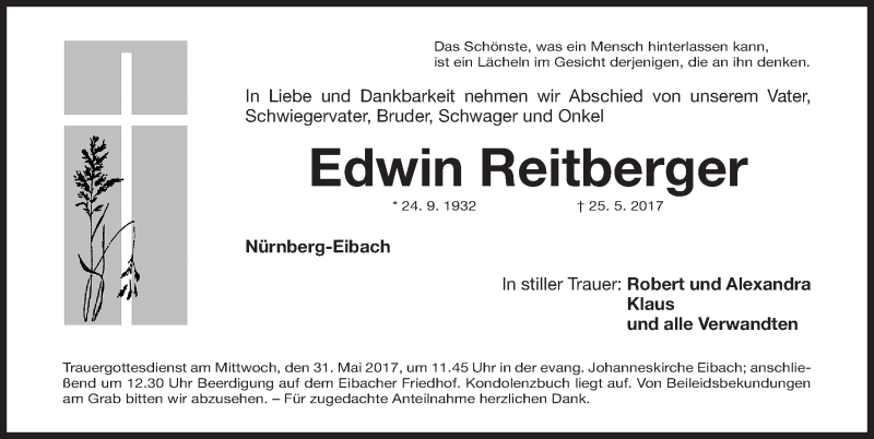  Traueranzeige für Edwin Reitberger vom 27.05.2017 aus Gesamtausgabe Nürnberger Nachrichten/ Nürnberger Ztg.