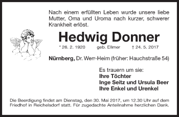 Traueranzeige von Hedwig Donner von Gesamtausgabe Nürnberger Nachrichten/ Nürnberger Ztg.