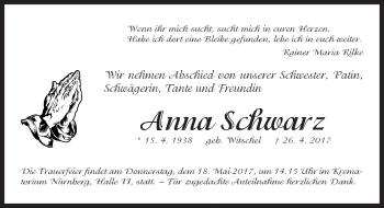 Traueranzeige von Anna Schwarz von Gesamtausgabe Nürnberger Nachrichten/ Nürnberger Ztg.