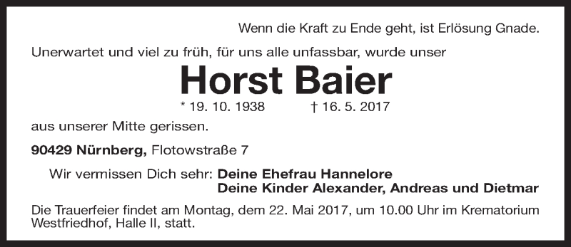  Traueranzeige für Horst Baier vom 20.05.2017 aus Gesamtausgabe Nürnberger Nachrichten/ Nürnberger Ztg.