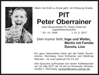 Traueranzeige von Peter Oberrainer von Gesamtausgabe Nürnberger Nachrichten/ Nürnberger Ztg.