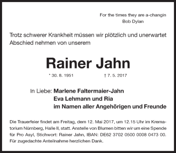 Traueranzeige von Rainer Jahn von Gesamtausgabe Nürnberger Nachrichten/ Nürnberger Ztg.