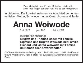 Traueranzeige von Anna Woiwode von Gesamtausgabe Nürnberger Nachrichten/ Nürnberger Ztg.