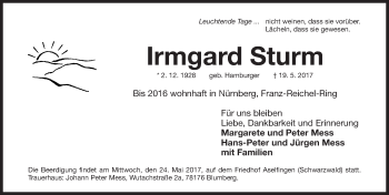 Traueranzeige von Irmgard Sturm von Gesamtausgabe Nürnberger Nachrichten/ Nürnberger Ztg.