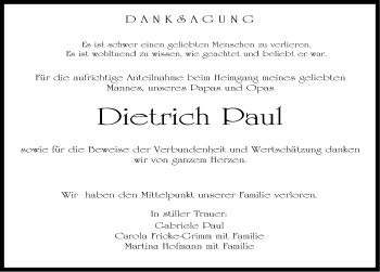 Traueranzeige von Dietrich Paul von Gesamtausgabe Nürnberger Nachrichten/ Nürnberger Ztg.