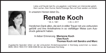 Traueranzeige von Renate Koch von Gesamtausgabe Nürnberger Nachrichten/ Nürnberger Ztg.