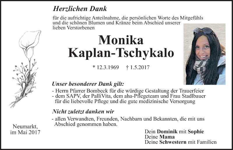  Traueranzeige für Monika Kaplan-Tschykalo vom 20.05.2017 aus Neumarkter Nachrichten Lokal