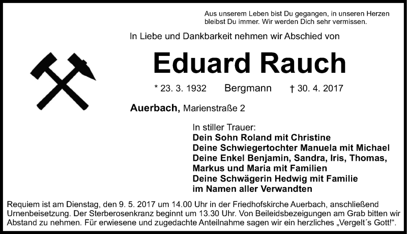  Traueranzeige für Eduard Rauch vom 04.05.2017 aus Nordbayerische Nachrichten Pegnitz Lokal