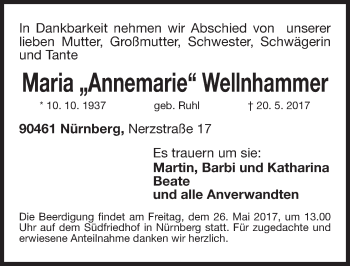 Traueranzeige von Maria Annemarie Wellnhammer von Gesamtausgabe Nürnberger Nachrichten/ Nürnberger Ztg.